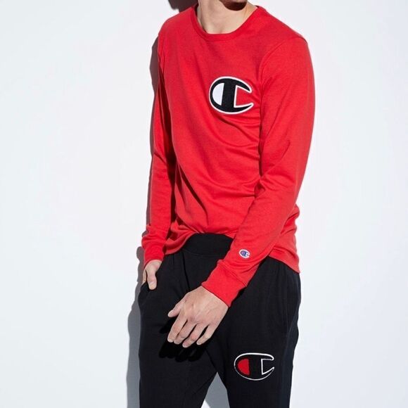 Champion Men’s Big C Logo Red long sleeve Heavy Shirt small 100% cotton unisex - Picture 1 of 7